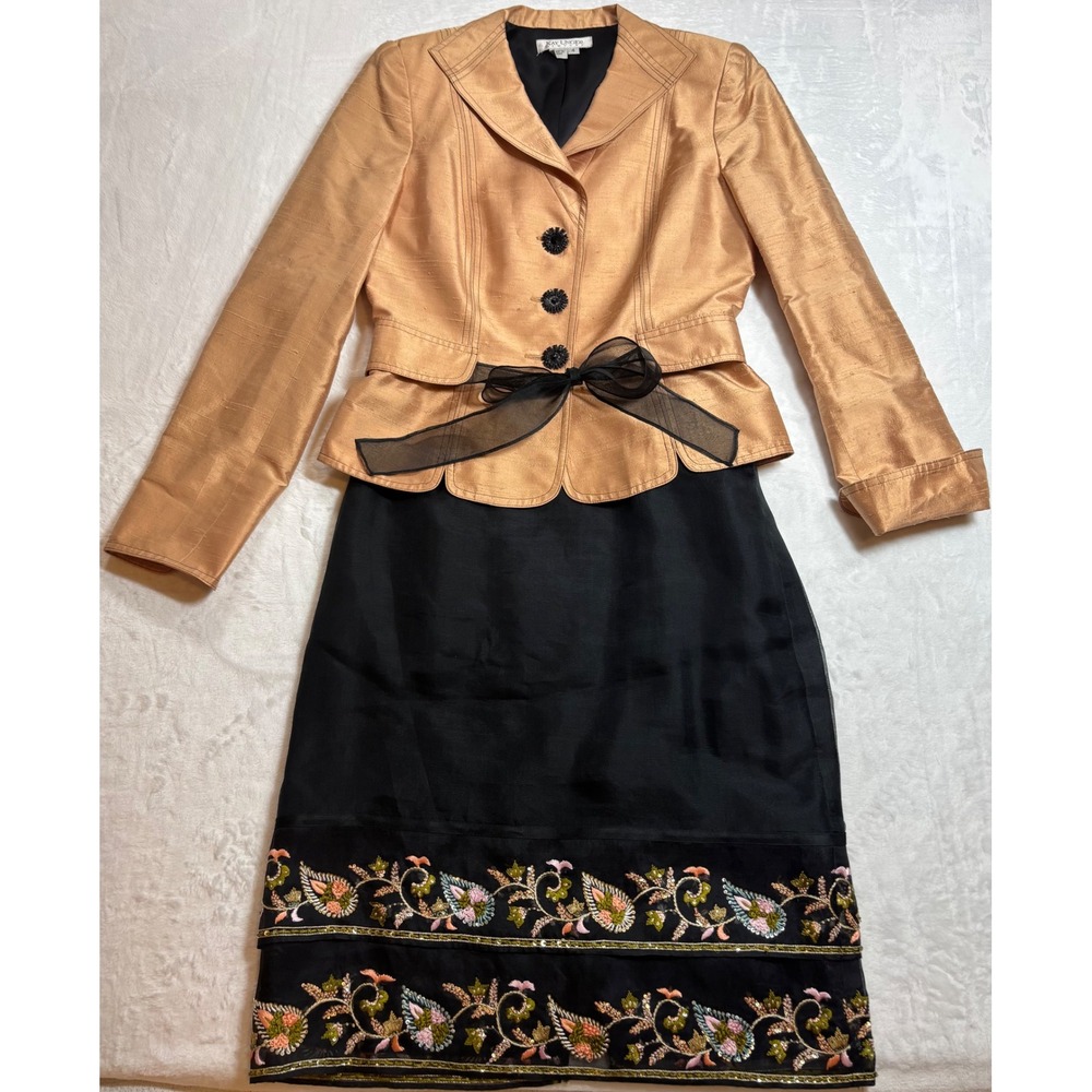 Kay Unger Skirt Suit Women Copper Black Good Condition Silk Embroidered Bow Sz 4